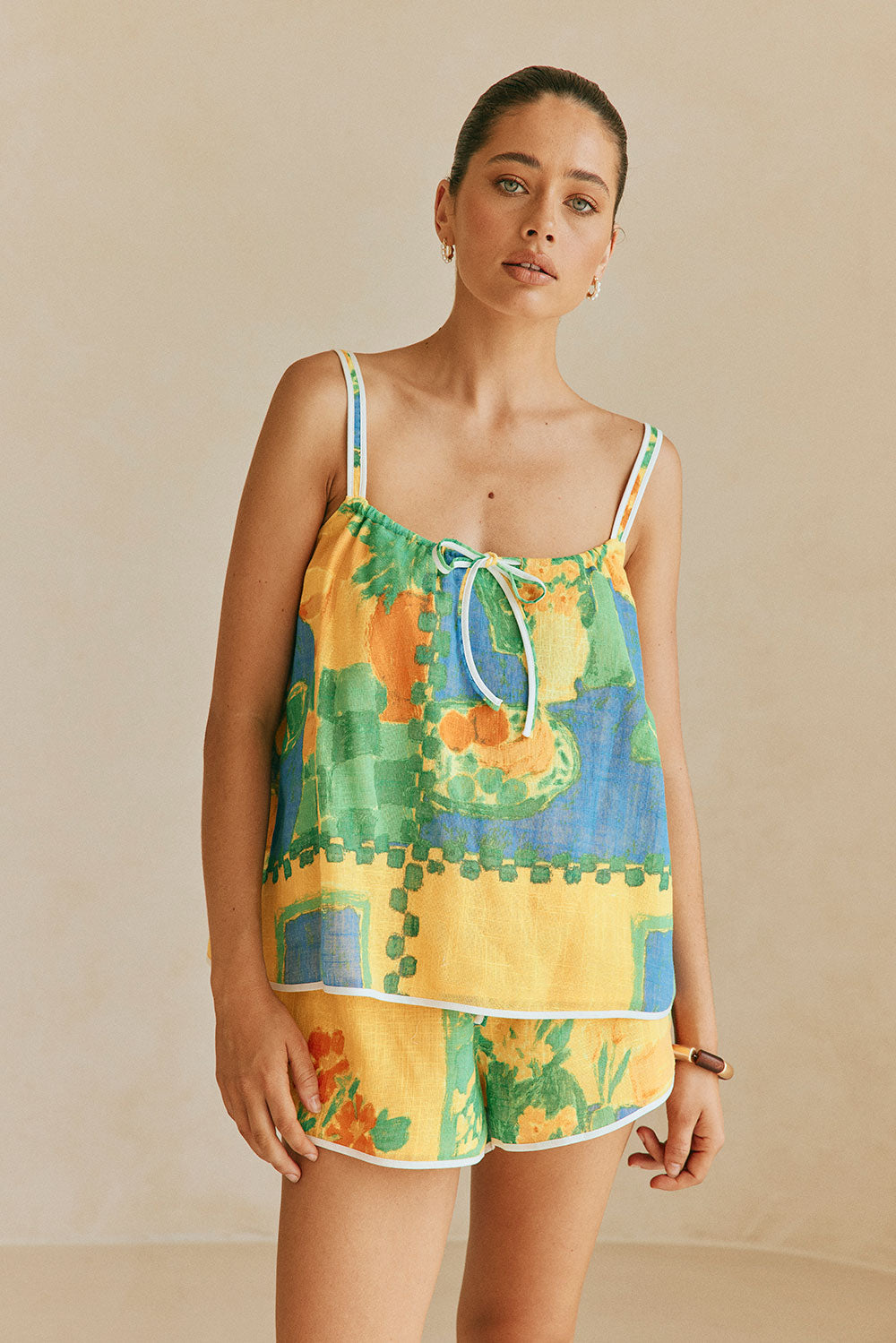 Jetta Front Tie Shorts -Green, Blue & Orange Morning Yellow Print