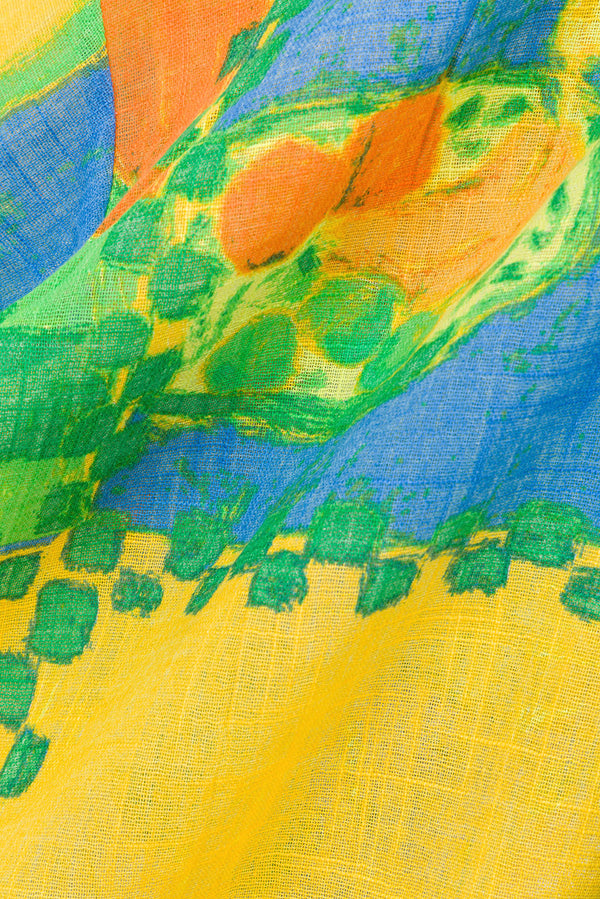 Cascade Button Up Short Sleeve Top - Green, Blue & Orange Morning Yellow Print