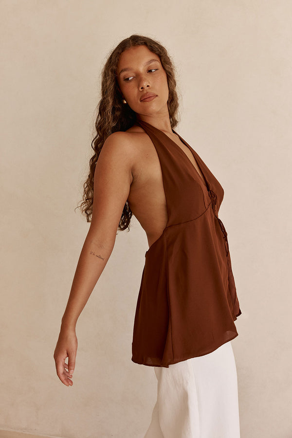 Chocolate Brown V Neck Halter Liora Top