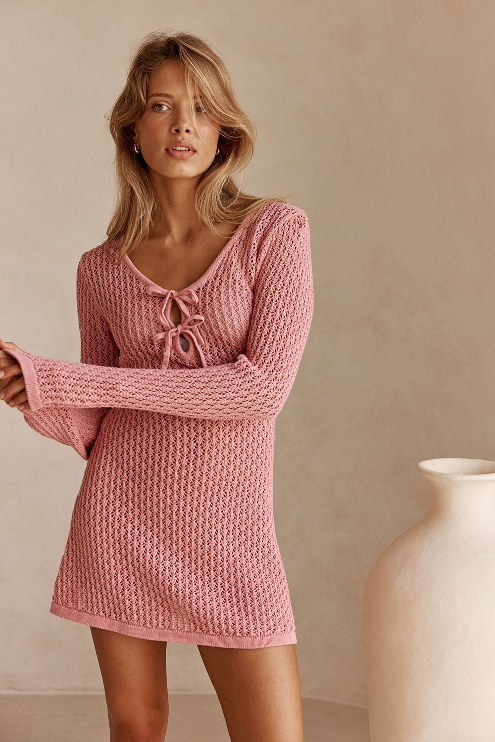 pink knitted dress Rose Pink Knit Long Sleeve Mini Nara Dress – SABO