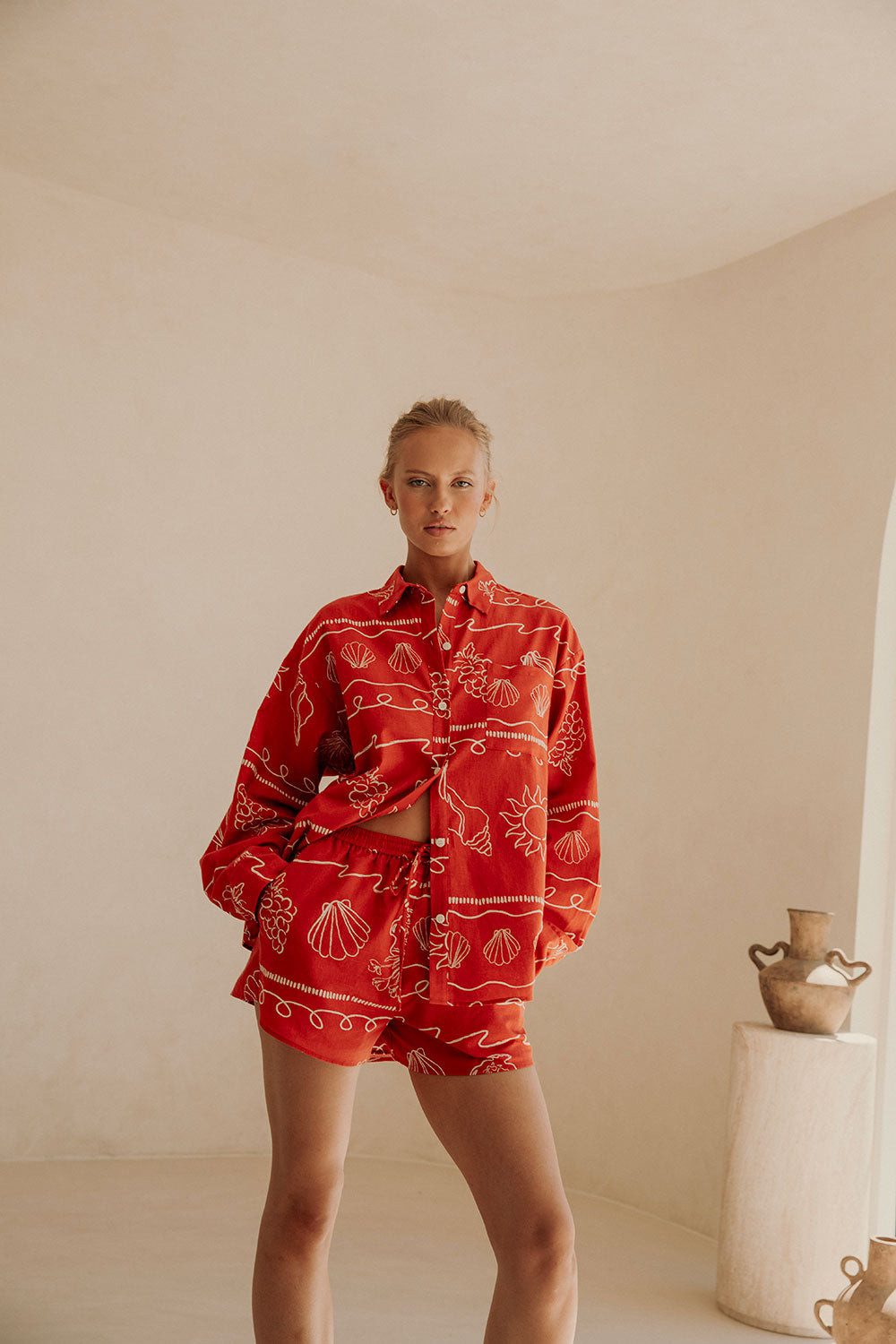 Red Linen Blend High Waist Drawstring Zuli Shorts