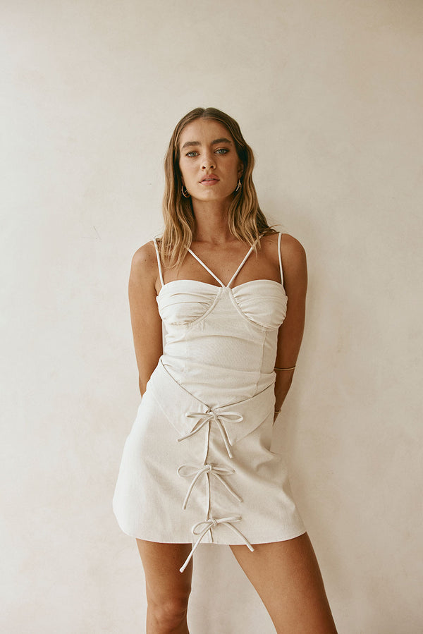 Beige Strappy Front Tie Mini Alexandra Dress
