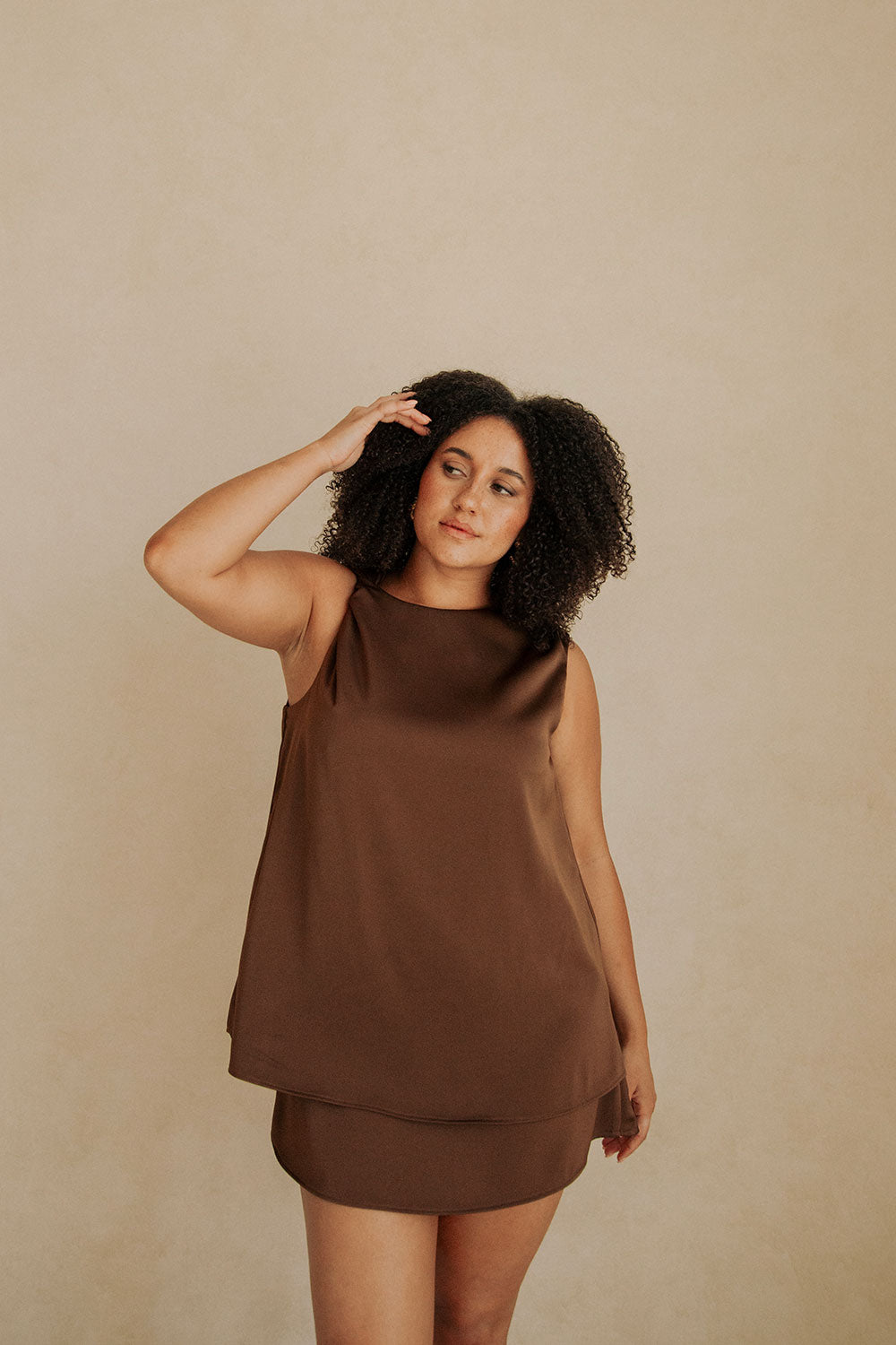 Chocolate Brown Silk Asymmetrical Mini Genoa Dress