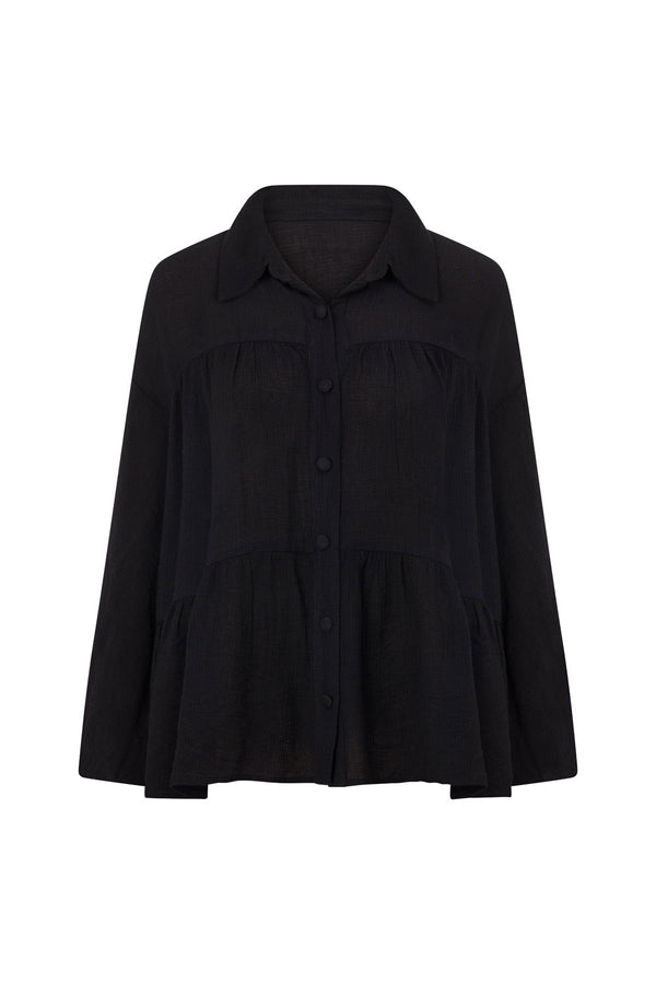 Huxley Panelled Button Up Collared Long Sleeve Top - Black