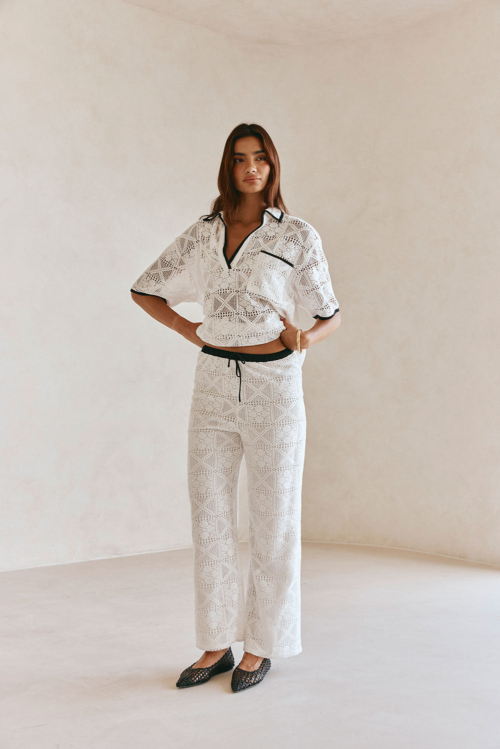 White Lace Elastic Drawstring Ariana Pants