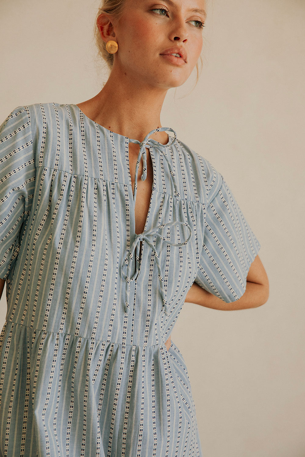Mirae Tie Playsuit - White, Blue Stripe