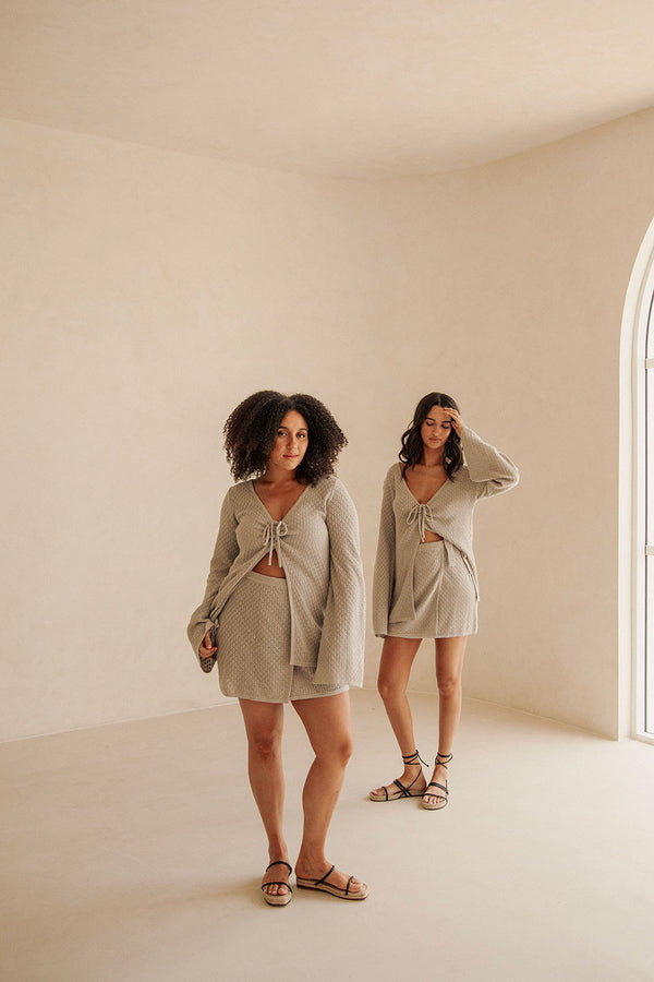 Grey Knit Long Sleeve Font Tie Baylie Top