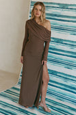 Chocolate Brown One Shoulder Long Sleeve Maxi Tasmin Dress