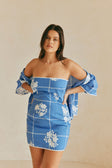 Amira Strapless Mini Dress - Postcard, Blue & White Check Flowers Print