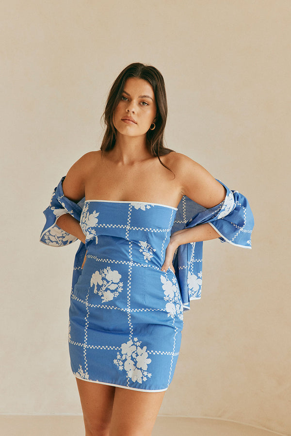 Amira Strapless Mini Dress - Postcard, Blue & White Check Flowers Print