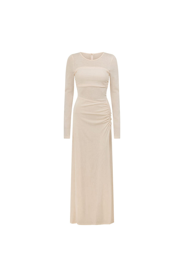 Beige Long Sleeve Slit Maxi Kay Dress 