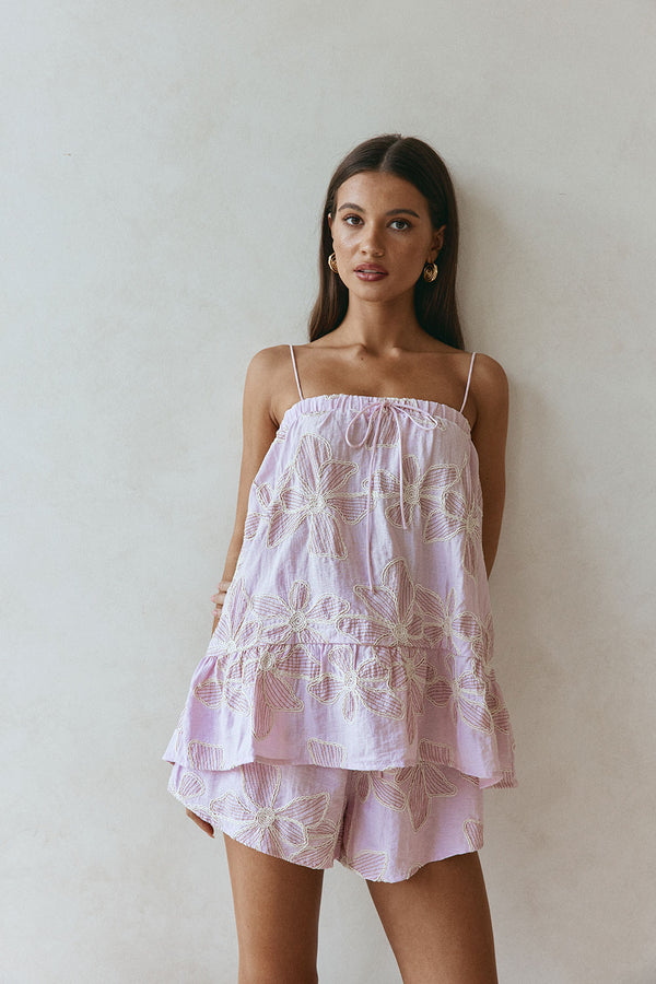 Bloom Pink Embroidered Elastic Drawstring Hazel Shorts