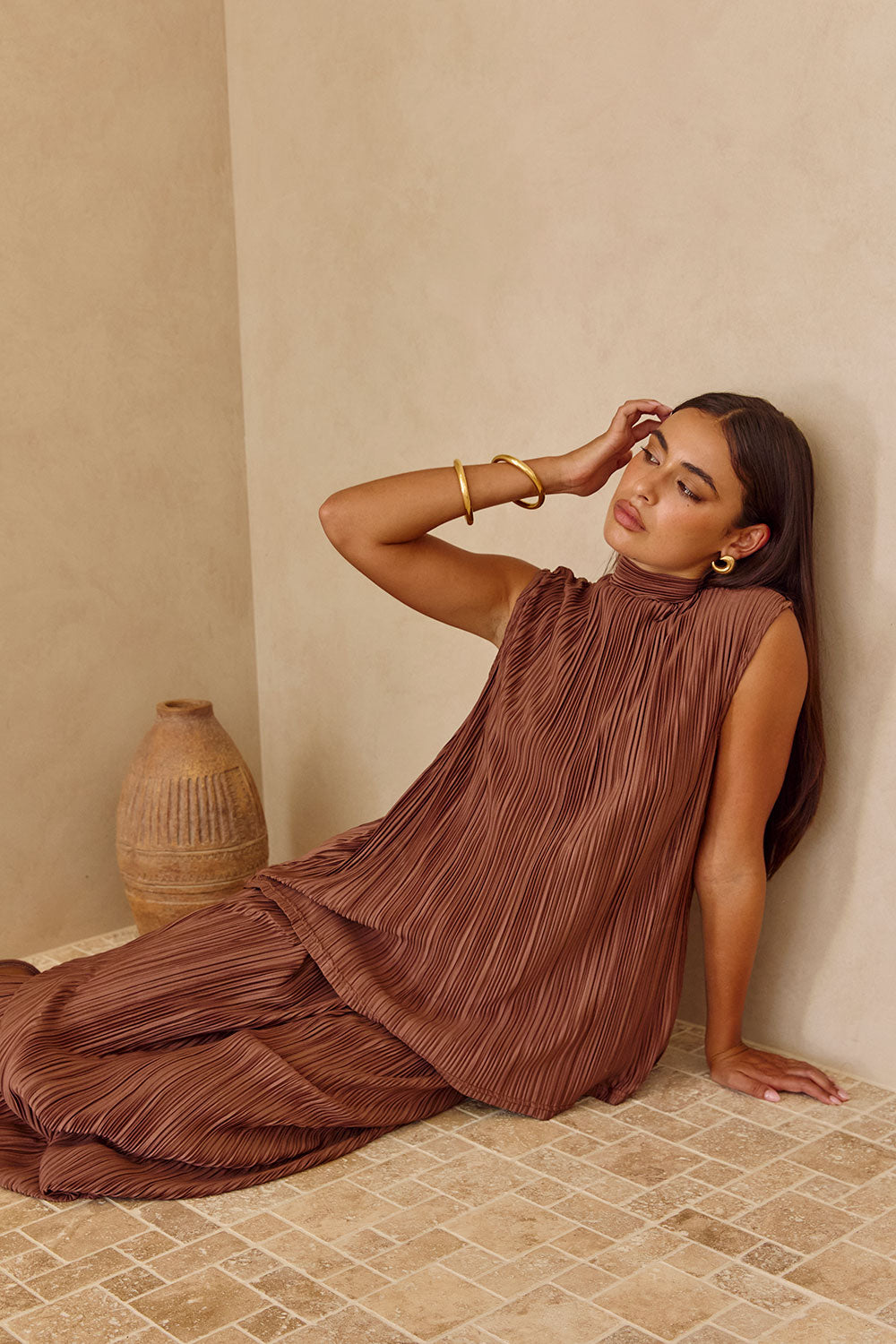 Brown Silky Pleat Turtleneck Catalyna Top