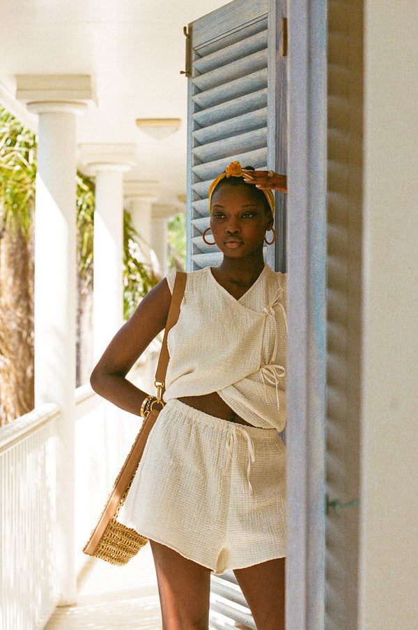 Cream High Waist Elastic Drawstring Ciel Shorts