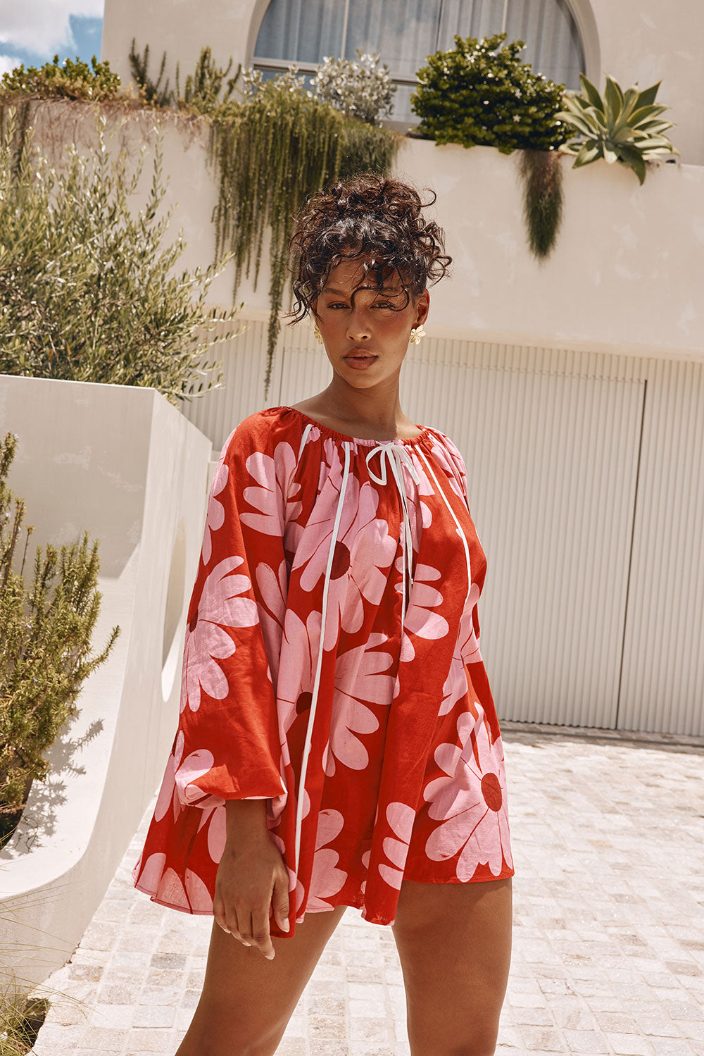 Veronica Flounce Long Sleeve Mini Dress - Pink White Daisy Red Print