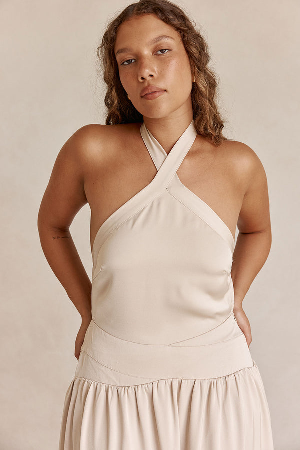 Beige Silky Halter Maxi Rani Dress