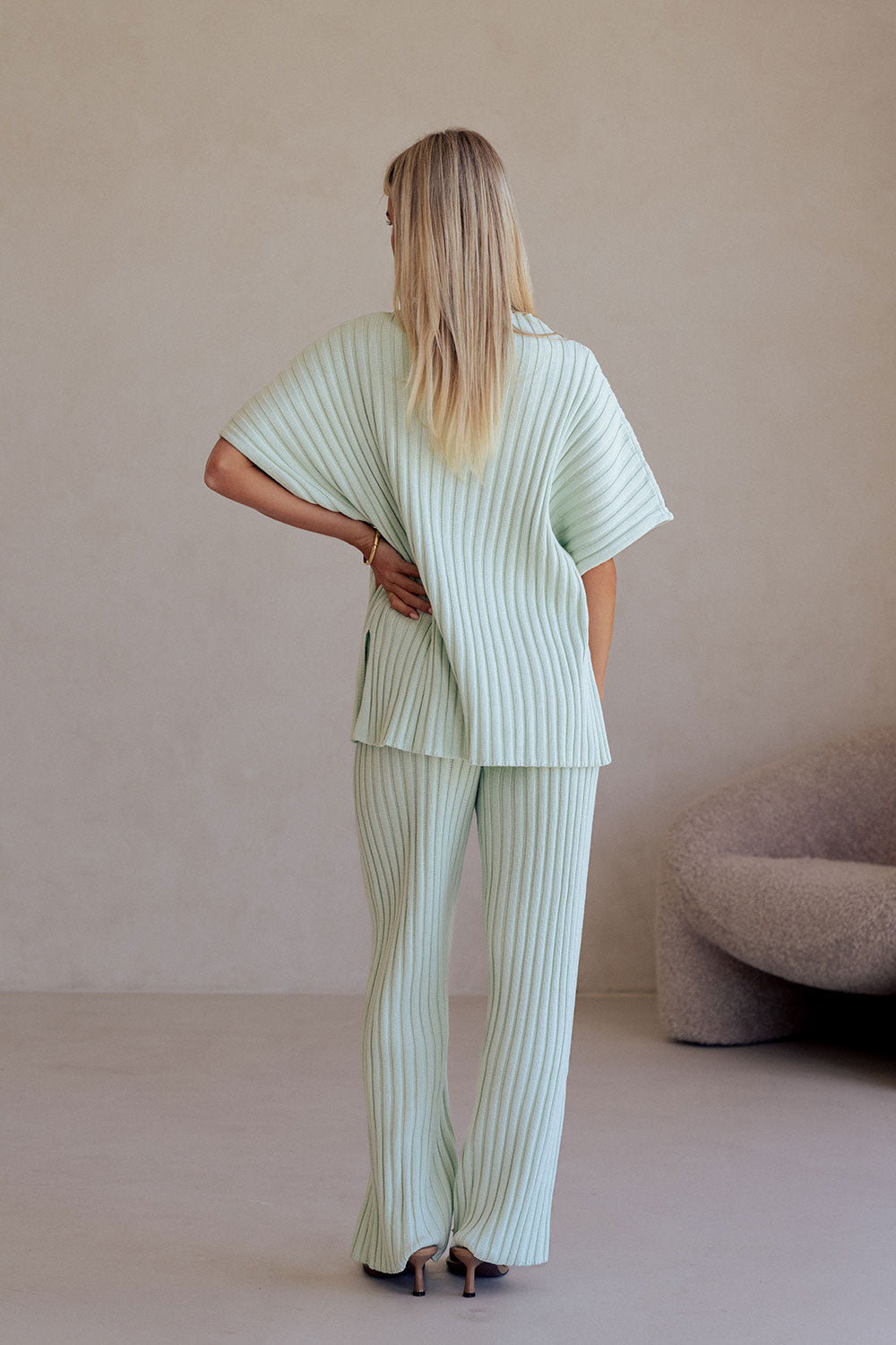 Mint Green Ribbed Knit Short Sleeve Celine Top – SABO