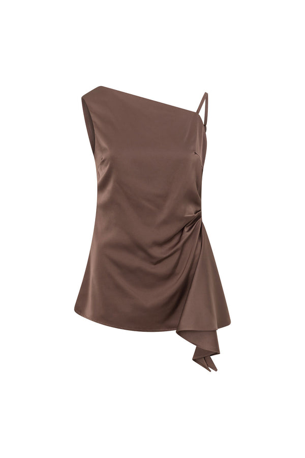 Chocolate Brown Asymmetric Ruched Backless Hailey Top