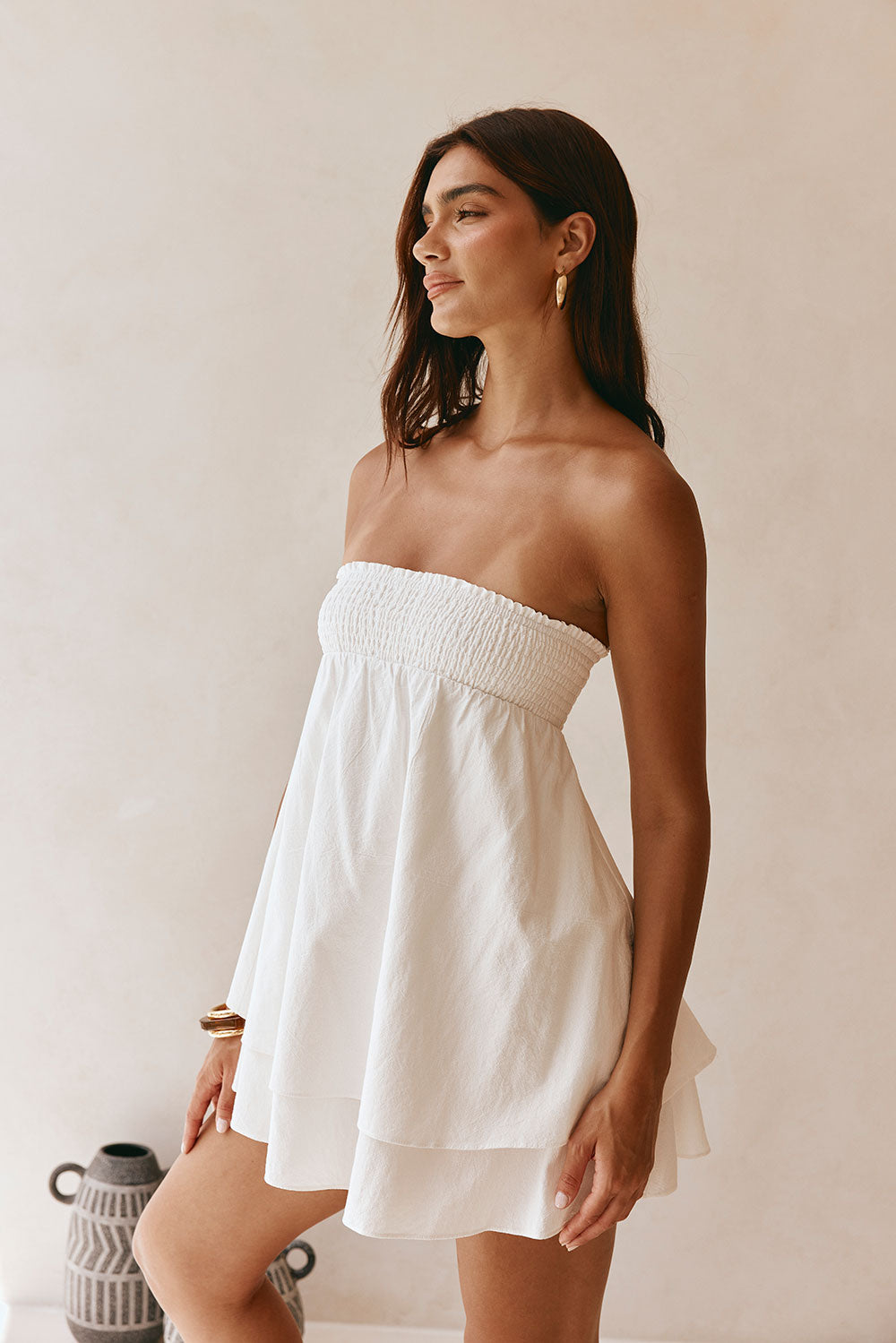 White Strapless Layered Ruched Rocio Dress