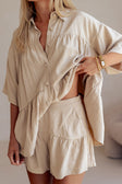 Beige High Waist Gathered Flounce Panel Luna Shorts