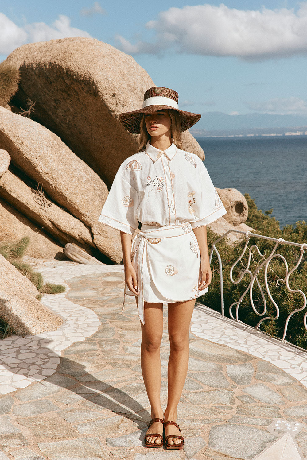 La Costa Embroidered Wrap Mini Skirt - Serenita, White, Beige, Pink