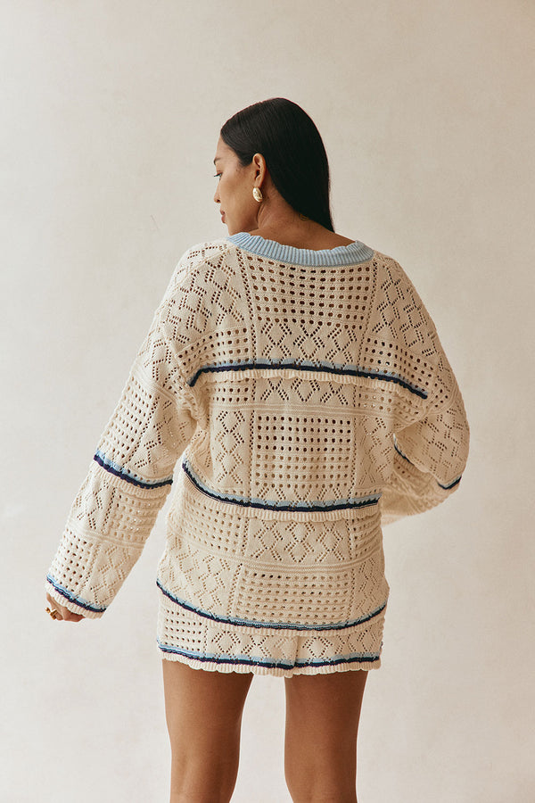 Cream Cotton Crochet Knit Long Sleeve Boxy Balia Top