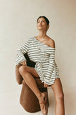 Cabana Off Shoulder Long Sleeve Mini Dress - Cream, Black Stripe