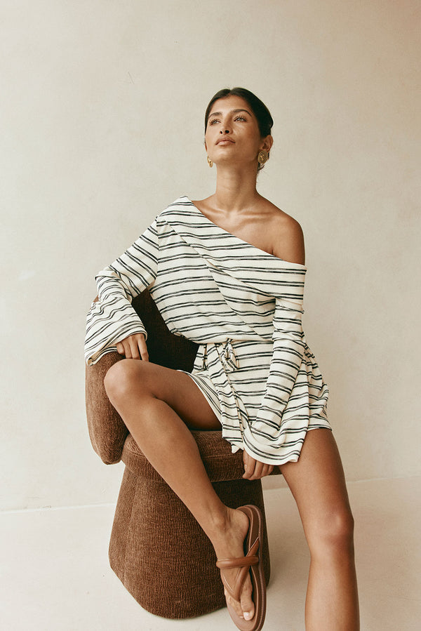 Cabana Off Shoulder Long Sleeve Mini Dress - Cream, Black Stripe