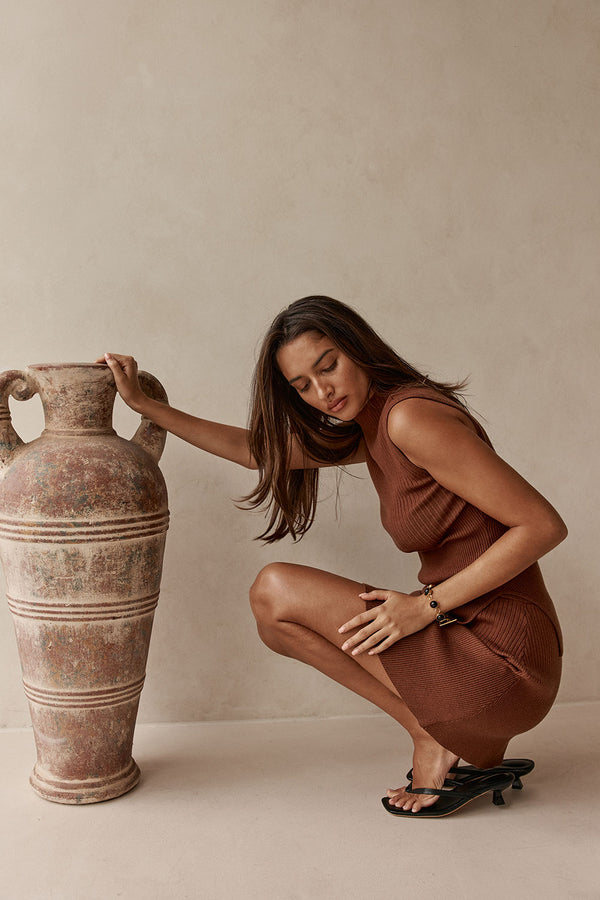 Gingerbread Brown Knit Asymmetric Ellamay Top