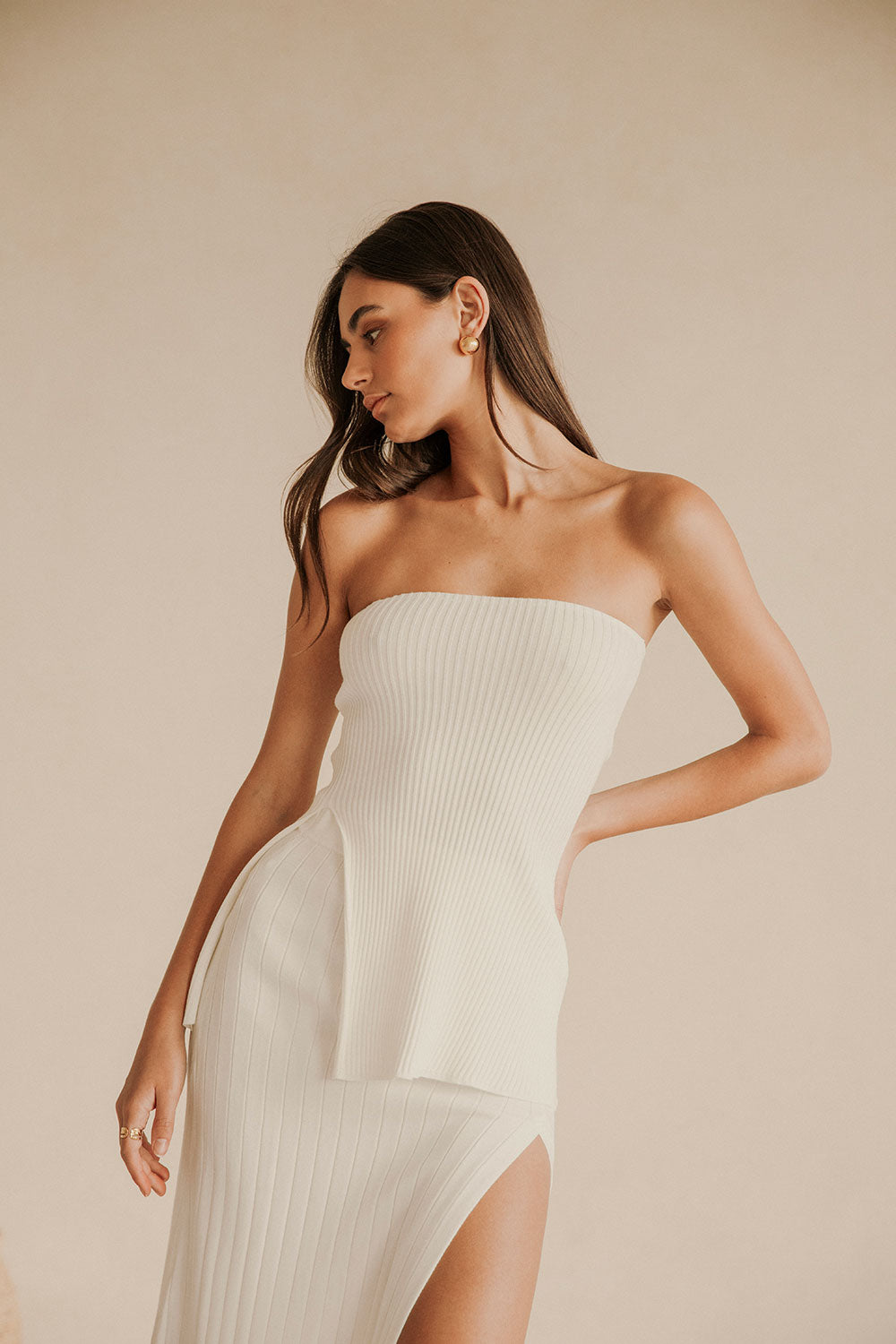 White Strapless Split Ribbed Saria Top
