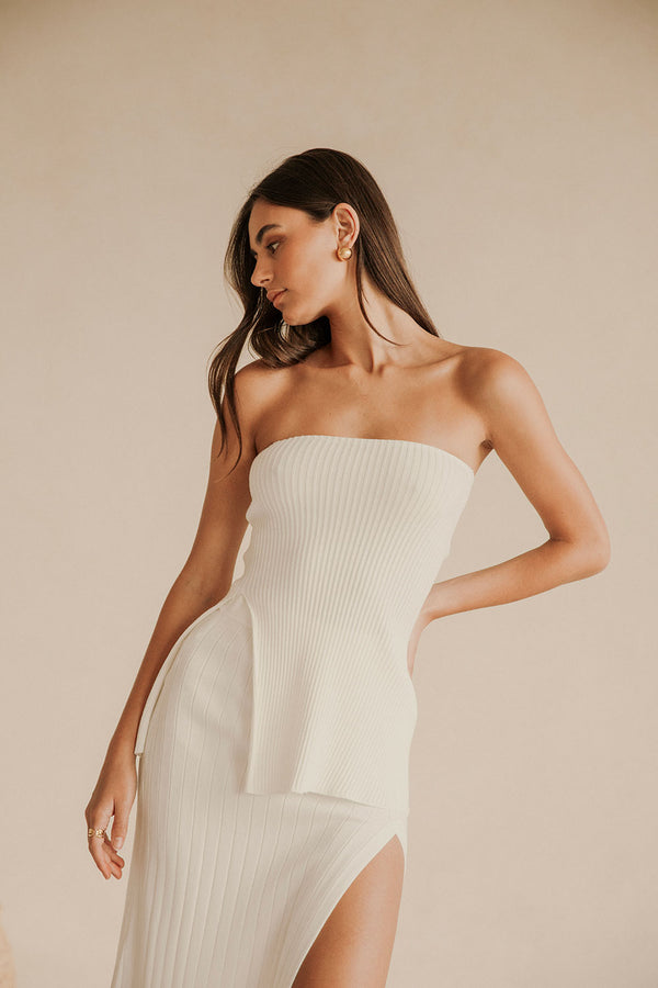 White Strapless Split Ribbed Saria Top