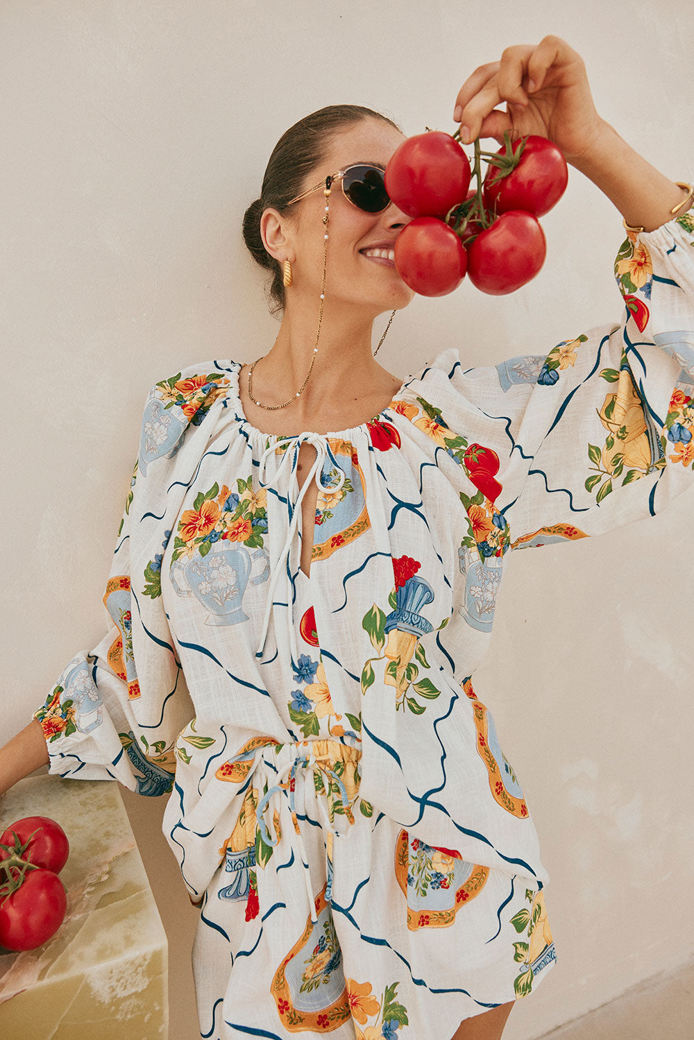 White Trattoria Print Drawstring Amorina Shorts