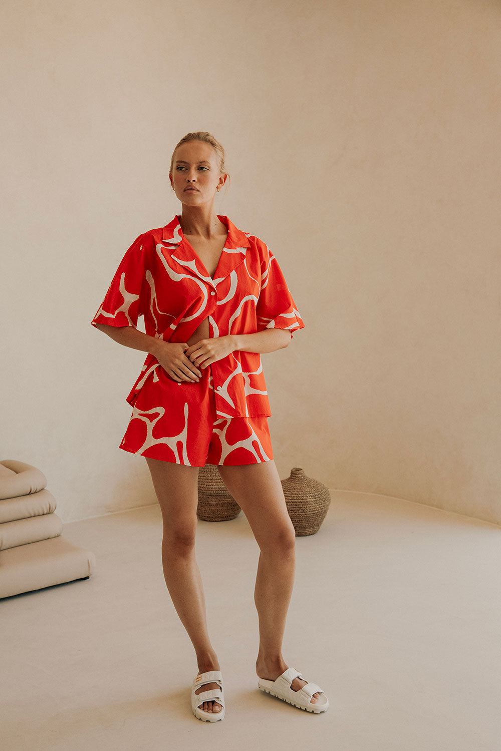 Seona Elasticated Shorts - Evoke Red, White