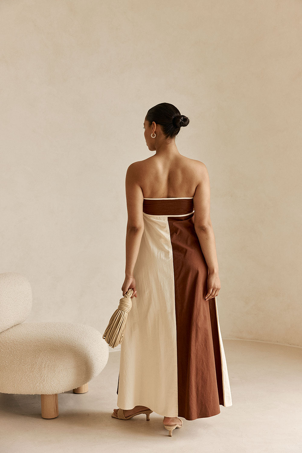 Cream and Brown Strapless Maxi Stormi Dress