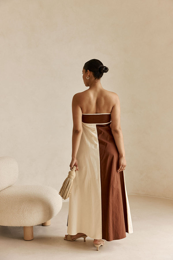 Cream and Brown Strapless Maxi Stormi Dress