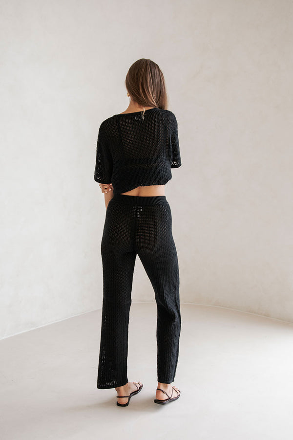 Black Knit Elastic High Waist Wide Leg Zayna Pants