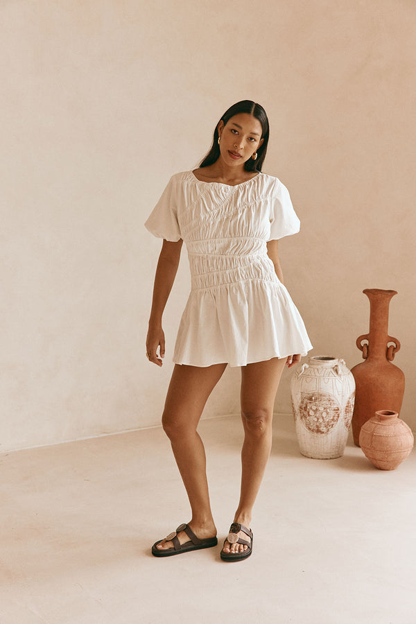 White Cotton Ruched Mini Lou Dress