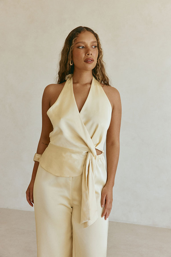 Butter Yellow Silky Wrap Valentina Jumpsuit