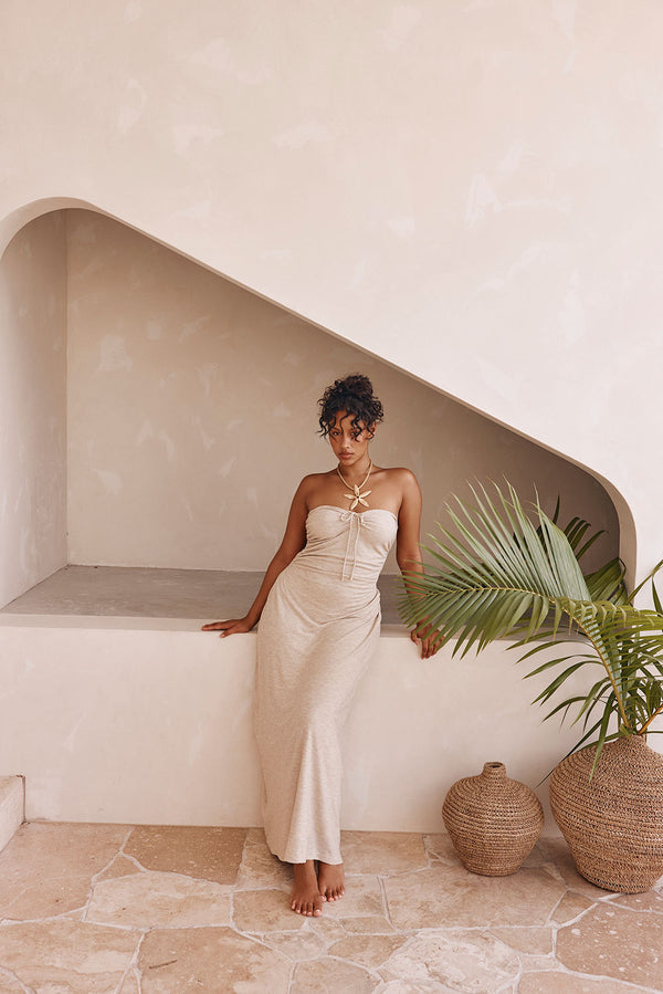 Beige Backless Halter Neck Naisha Dress