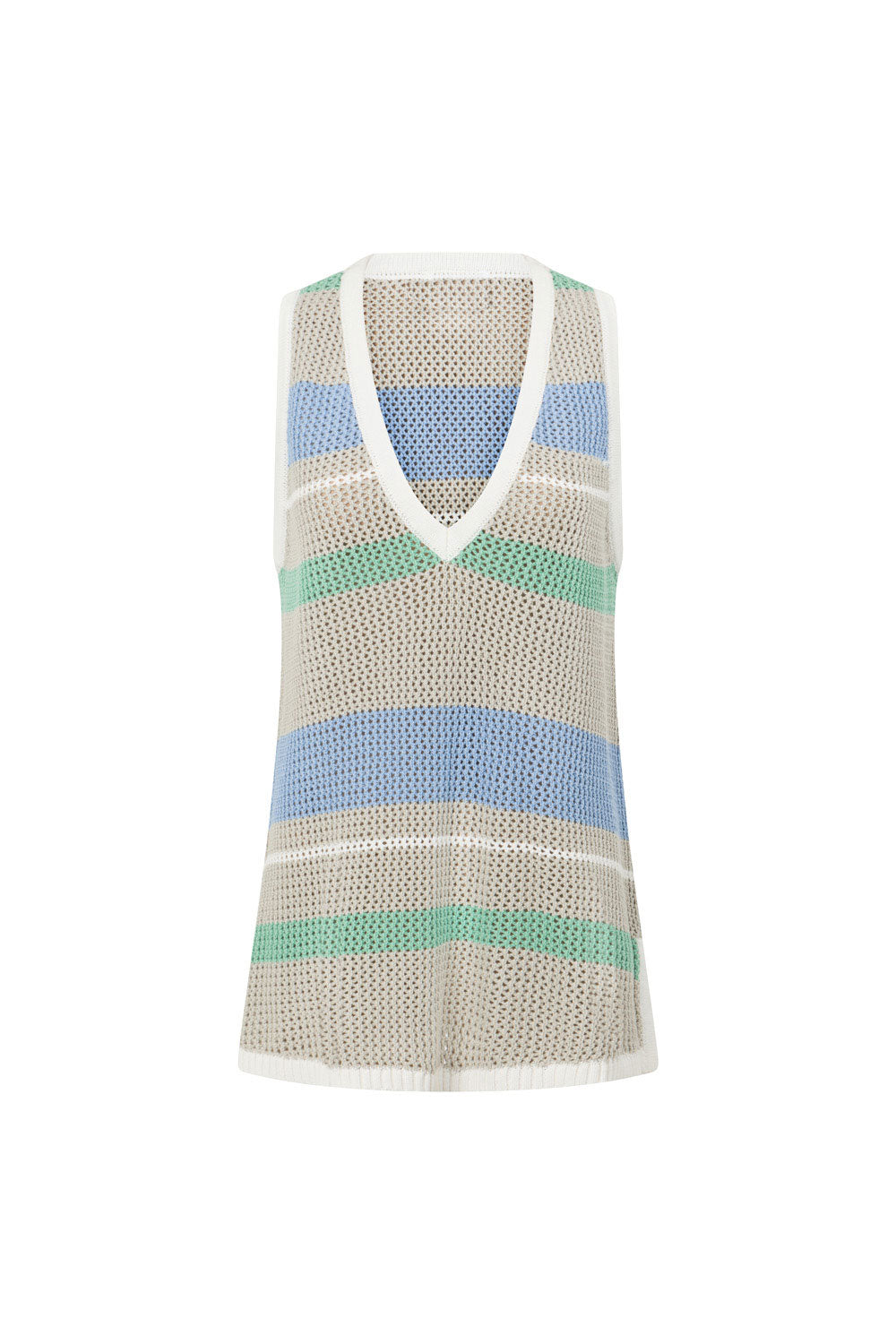 Astea V Neckline Knit Top - Grey, Green, Blue, White Stripe