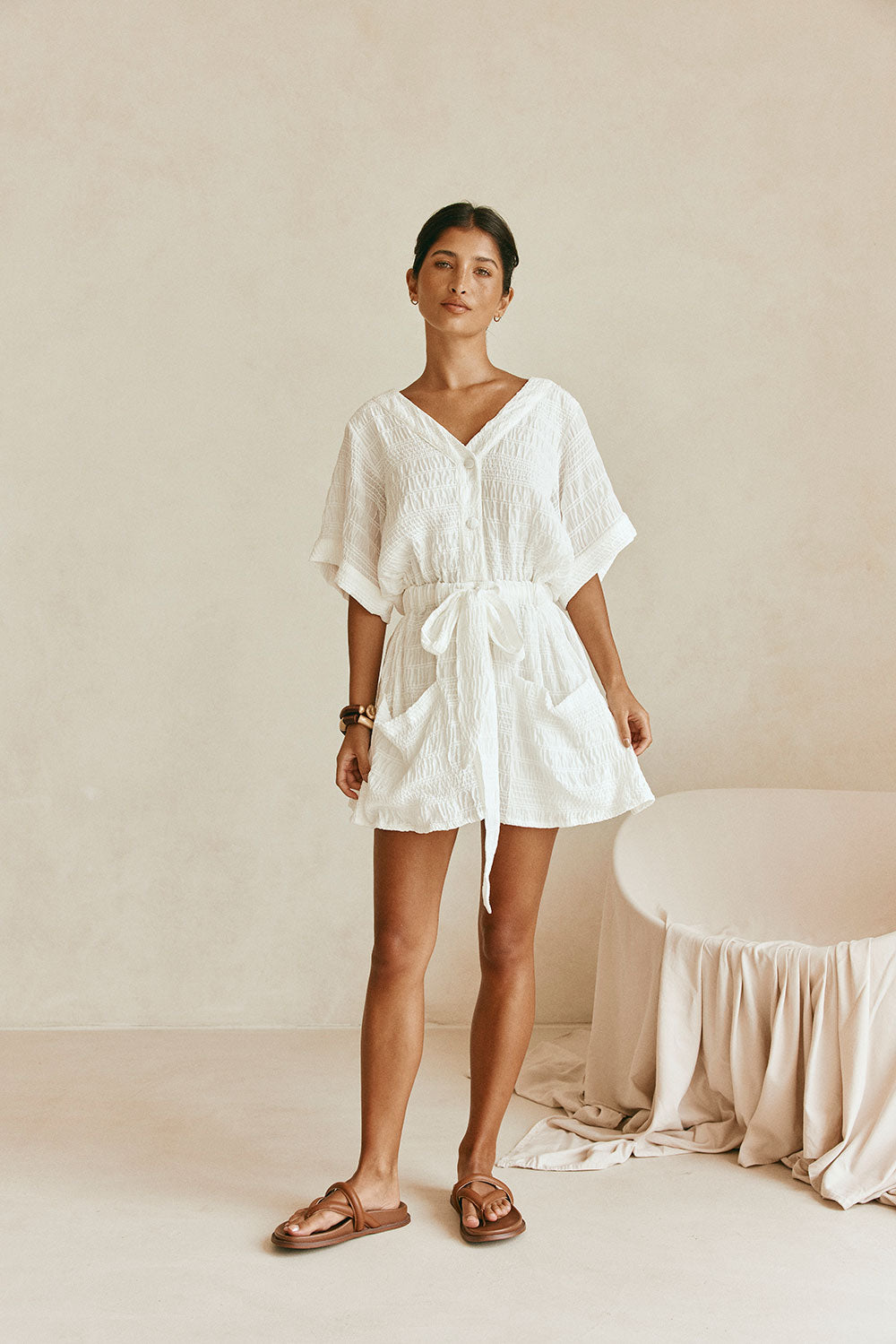 White Short Sleeve Button Mini Tarah Dress