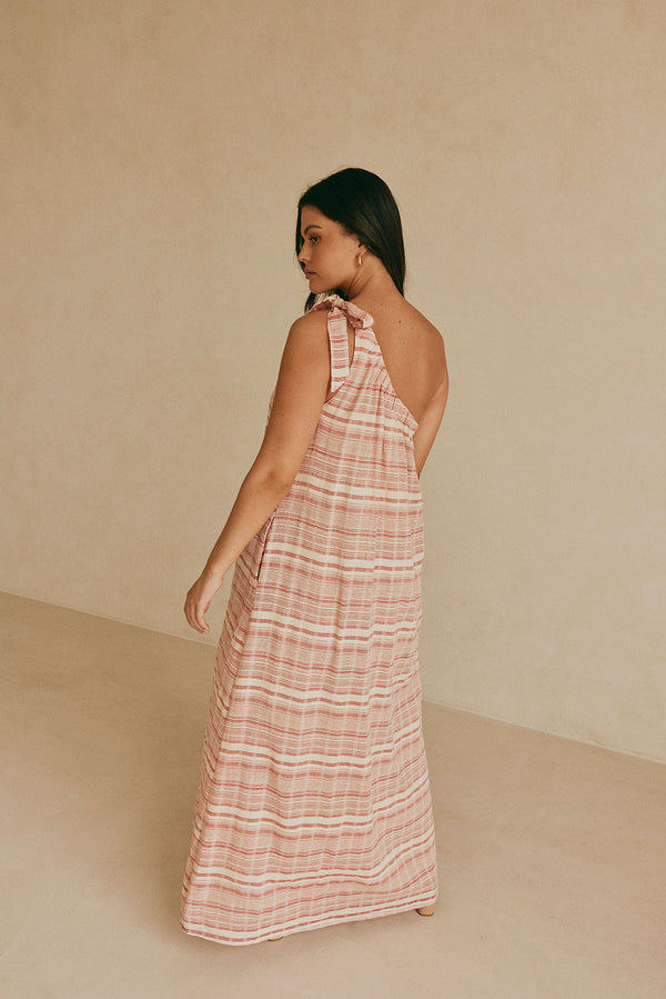 Pink And White Stripe One Shoulder Navi Maxi Dress