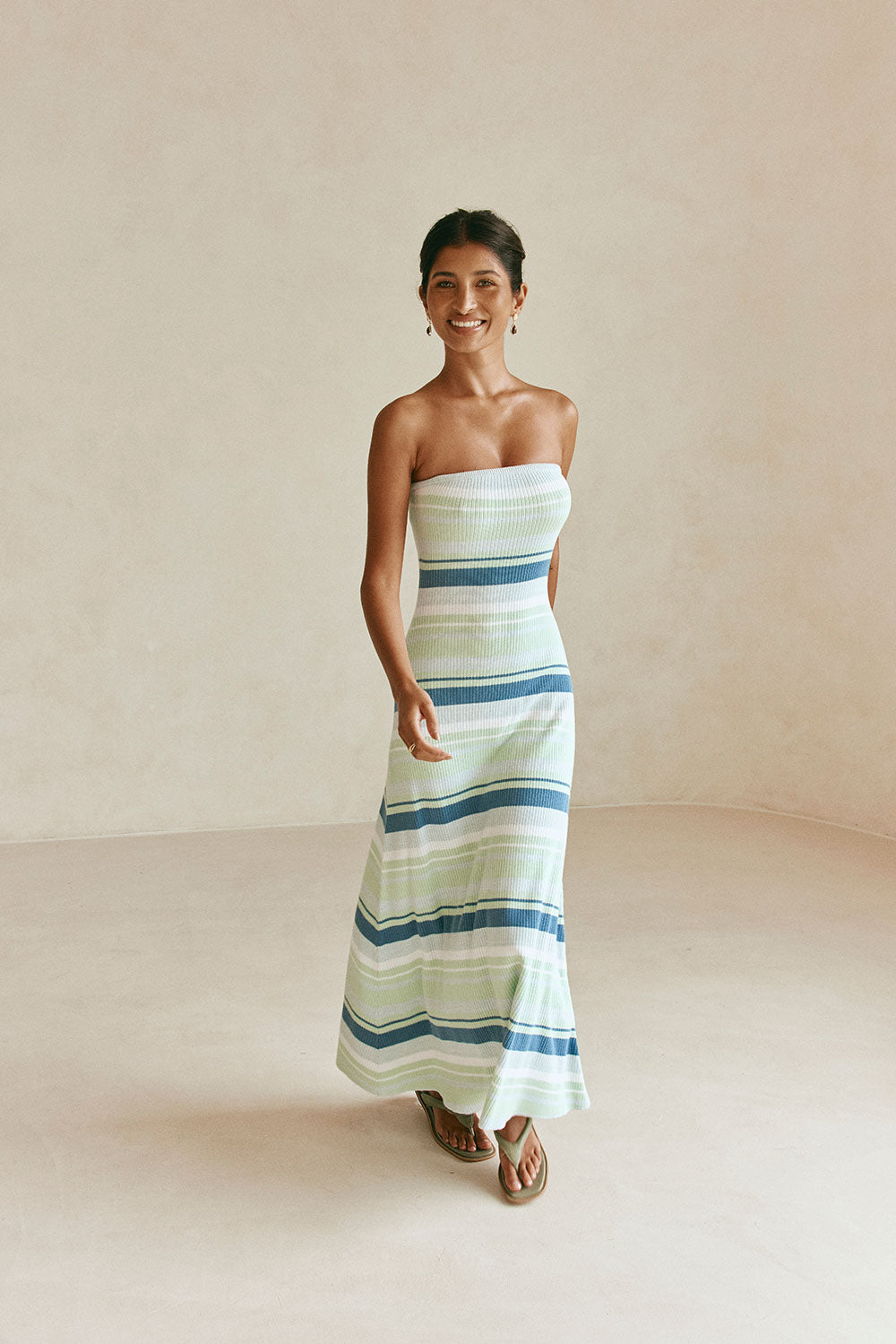 Green and White Stripe Strapless Maxi Anya Dress
