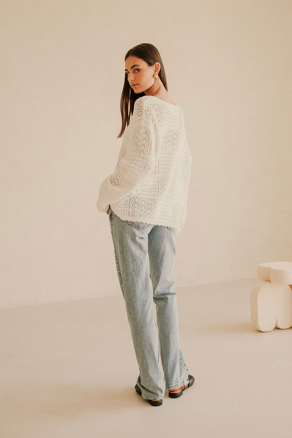 White Knit Long Sleeve Button Up Martina Top