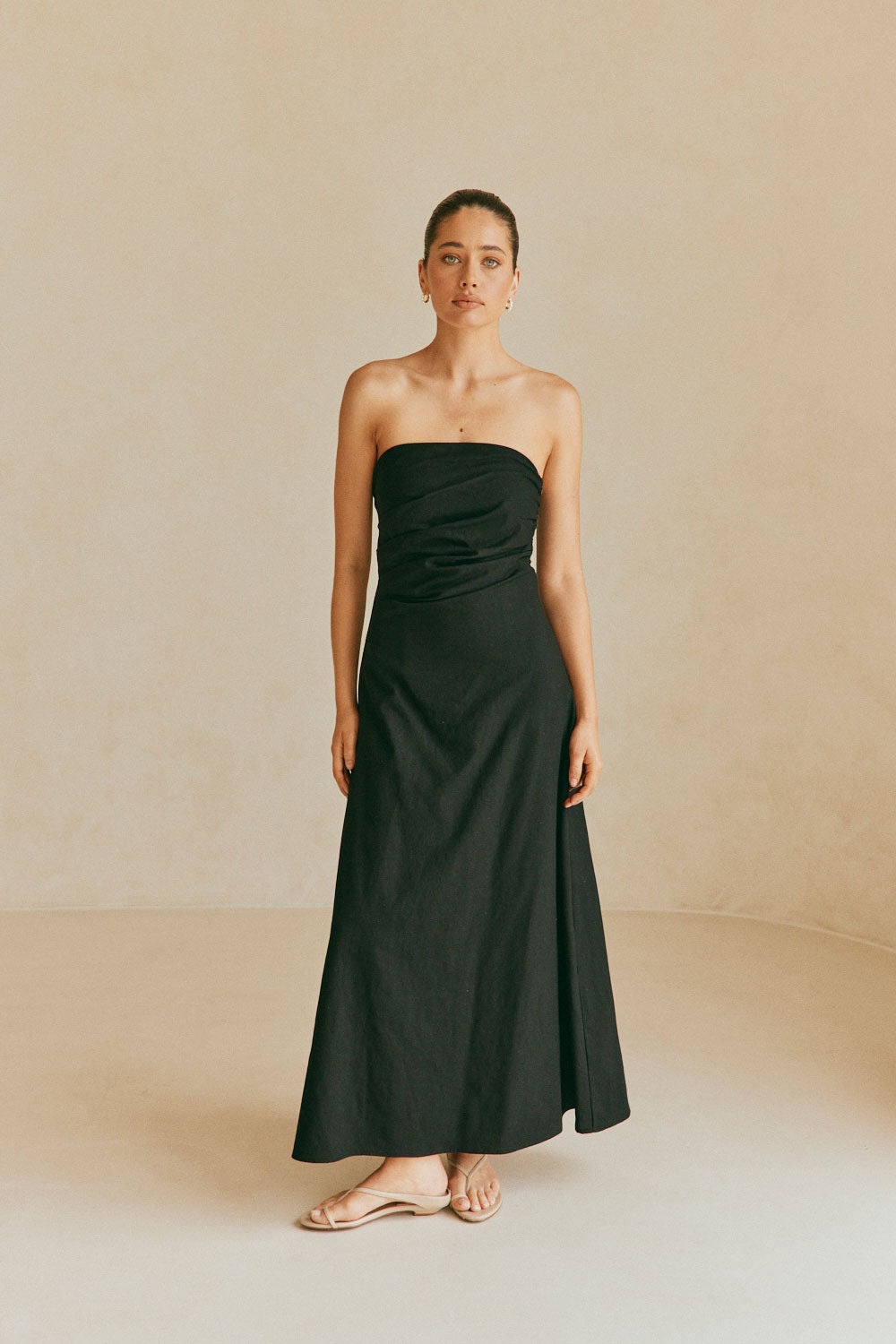 Formal Black Strappless Ruched Maxi Estella Dress