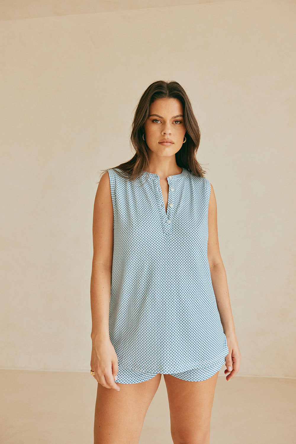 Blue And White Checker Button Marah Top