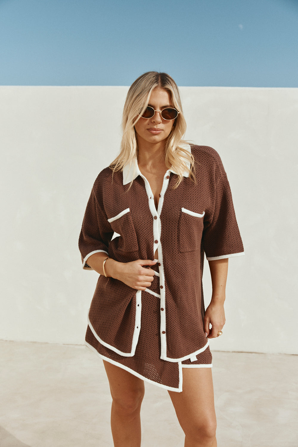 Brown Crochet Knit Button Up Short Sleeve Shiloh Top