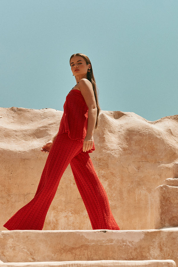 Red Cotton Knit High Waist Athena Pants