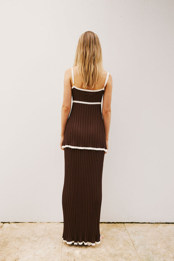 Chocolate Brown Pleated Knit Maxi Laine Skirt