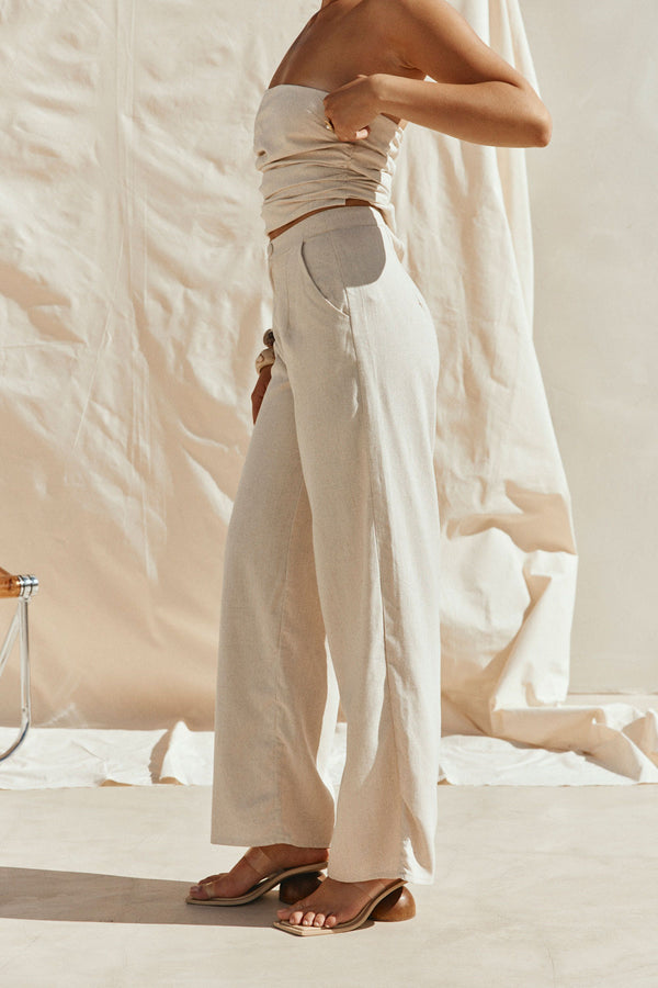 Beige Linen Blend Wide Leg Isa Trouser Pants